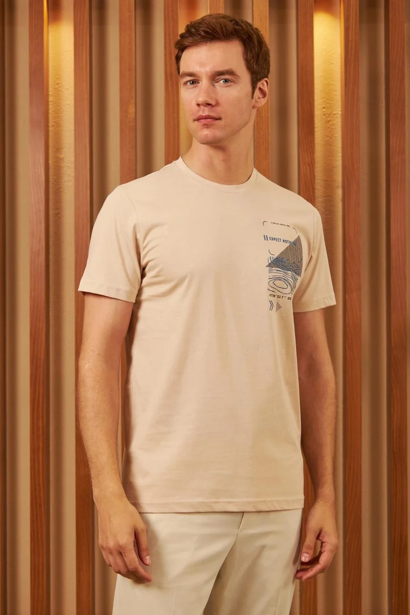 Odelon Men's Comfort Fit Printed Cotton T-Shirt Ecru MARS16