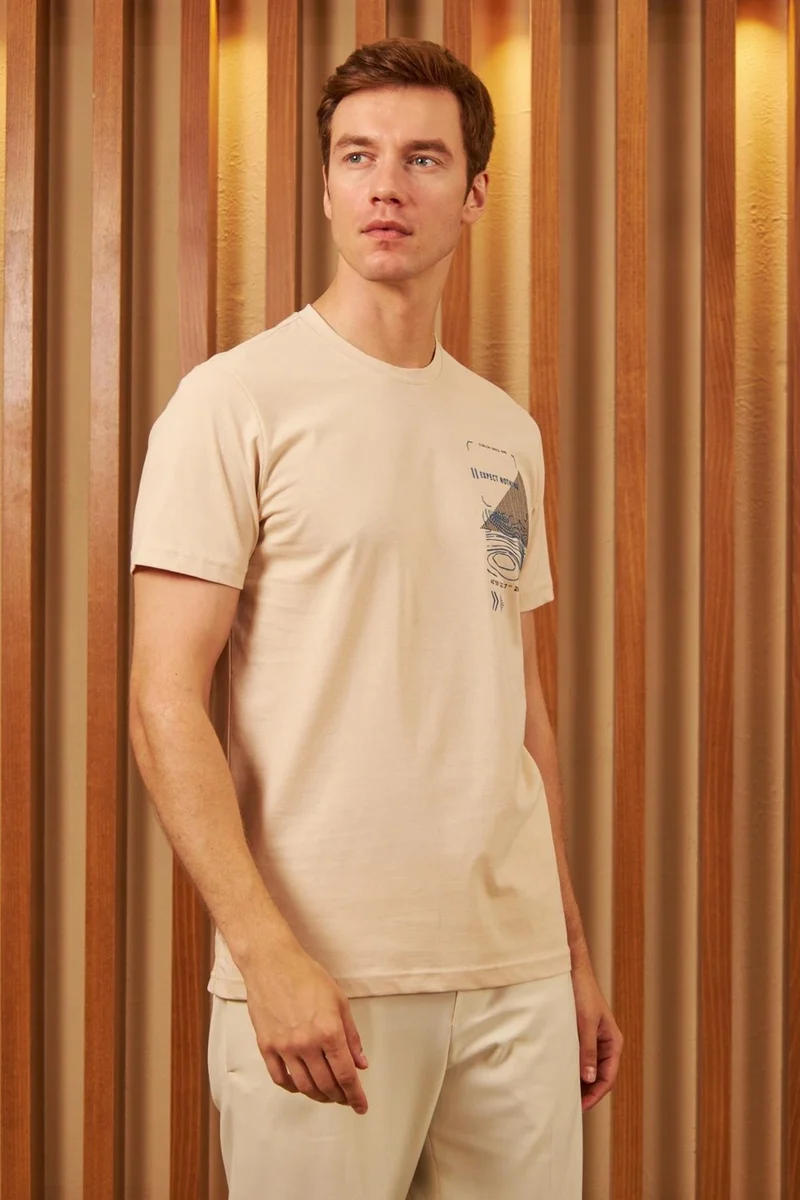 Odelon Men's Comfort Fit Printed Cotton T-Shirt Ecru MARS16