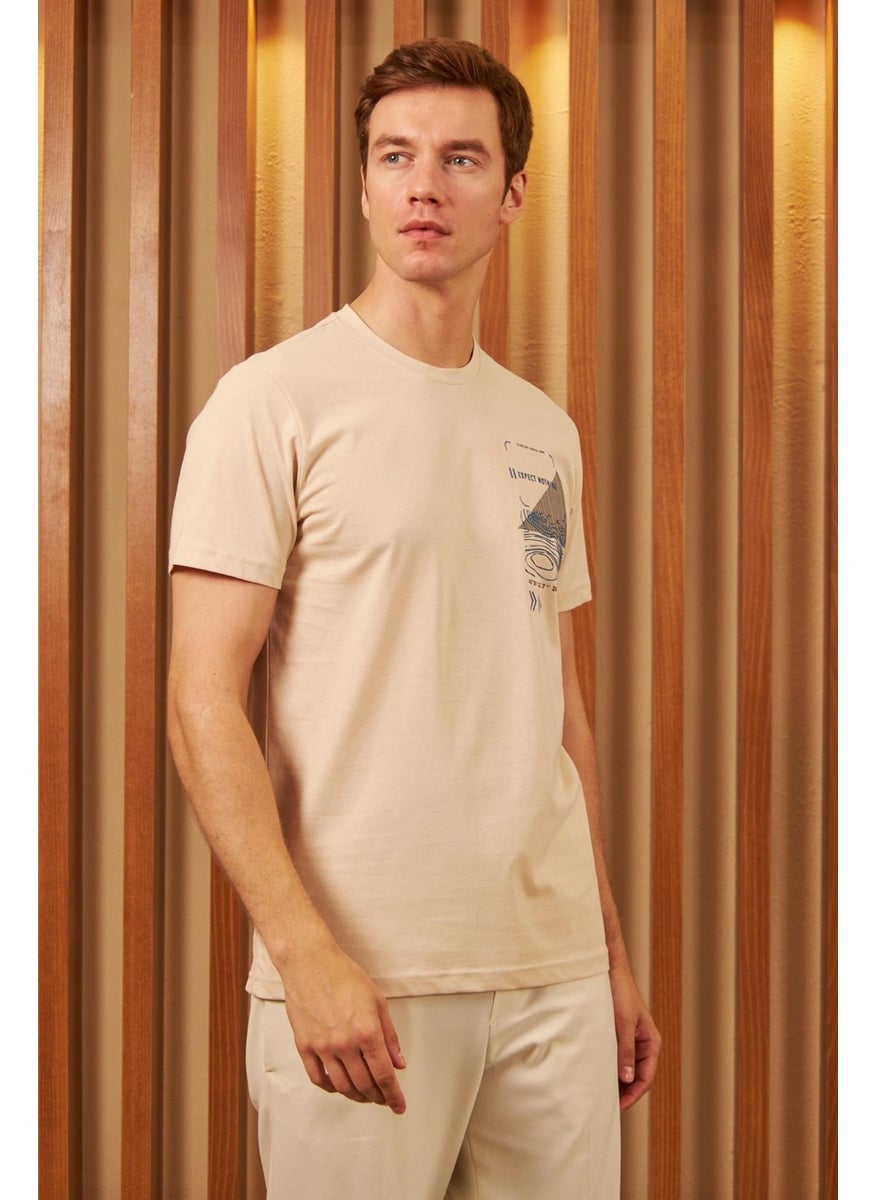 Odelon - Men's Comfort Fit Printed Cotton T-Shirt Ecru MARS16 - Image 1