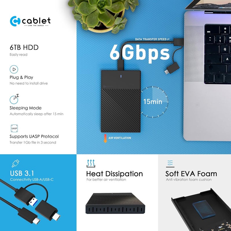 Cablet 2.5 Inch SATA Type C 3.1 HDD/SSD 6GBPS Speed Portable External Enclosure, 7mm and 9.5mm, Tool-Free Design, Supports UASP Max 6TB (Type C) - Image 2