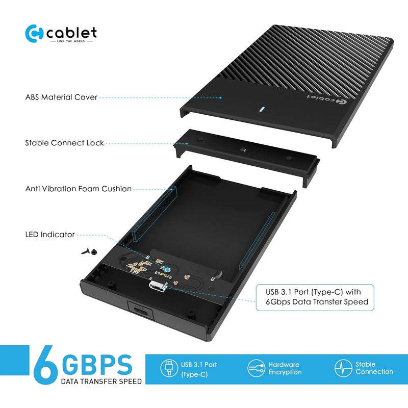 Cablet 2.5 Inch SATA Type C 3.1 HDD/SSD 6GBPS Speed Portable External Enclosure, 7mm and 9.5mm, Tool-Free Design, Supports UASP Max 6TB (Type C) - Image 3