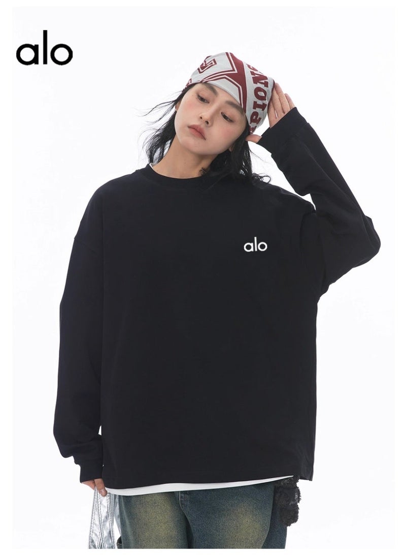 Alo World World loose casual long sleeved round neck T-shirt - unisex couple's shirt 100% pure cotton 250G black sports shirt with logo, casual and fashionable Chinese street wear loose casual long sleeved round neck T-shirt - unisex couple's shirt 100% pure cotton 250G black sports shirt with logo, casual and fashionable Chinese street wear loose casual long sleeved round neck T-shirt - unisex couple's shirt 100% pure cotton 250G black sports shirt with logo, casual and fashionable Chinese street wear - Image 5