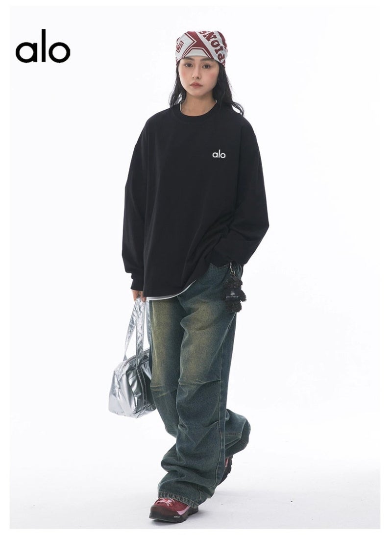 Alo World World loose casual long sleeved round neck T-shirt - unisex couple's shirt 100% pure cotton 250G black sports shirt with logo, casual and fashionable Chinese street wear loose casual long sleeved round neck T-shirt - unisex couple's shirt 100% pure cotton 250G black sports shirt with logo, casual and fashionable Chinese street wear loose casual long sleeved round neck T-shirt - unisex couple's shirt 100% pure cotton 250G black sports shirt with logo, casual and fashionable Chinese street wear - Image 4