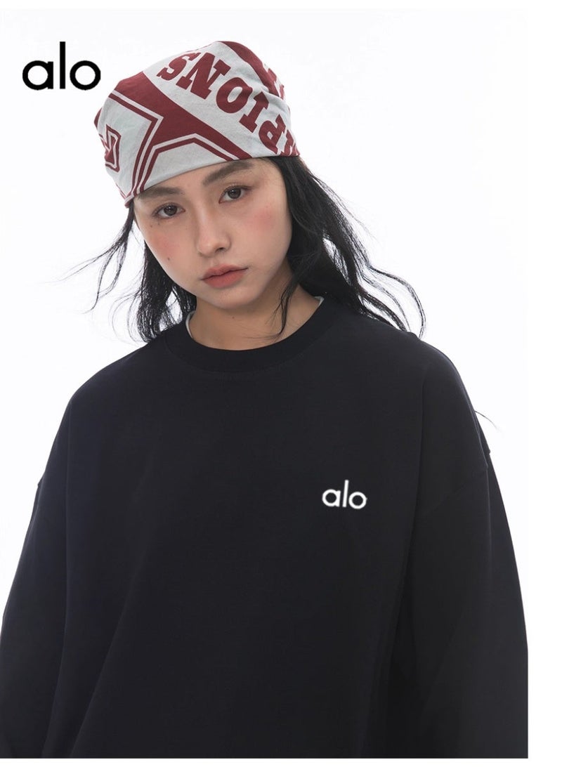 Alo World World loose casual long sleeved round neck T-shirt - unisex couple's shirt 100% pure cotton 250G black sports shirt with logo, casual and fashionable Chinese street wear loose casual long sleeved round neck T-shirt - unisex couple's shirt 100% pure cotton 250G black sports shirt with logo, casual and fashionable Chinese street wear loose casual long sleeved round neck T-shirt - unisex couple's shirt 100% pure cotton 250G black sports shirt with logo, casual and fashionable Chinese street wear - Image 1