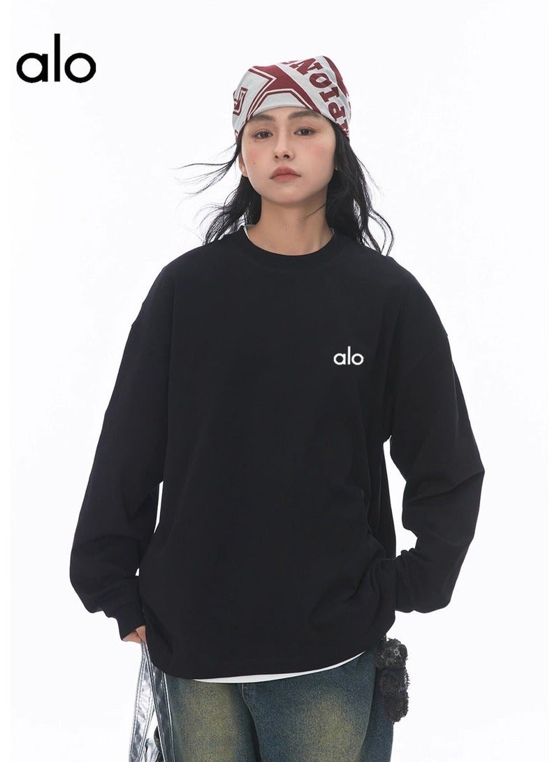 Alo World World loose casual long sleeved round neck T-shirt - unisex couple's shirt 100% pure cotton 250G black sports shirt with logo, casual and fashionable Chinese street wear loose casual long sleeved round neck T-shirt - unisex couple's shirt 100% pure cotton 250G black sports shirt with logo, casual and fashionable Chinese street wear loose casual long sleeved round neck T-shirt - unisex couple's shirt 100% pure cotton 250G black sports shirt with logo, casual and fashionable Chinese street wear - Image 2
