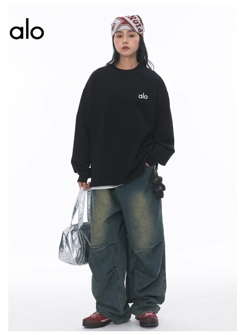 Alo World World loose casual long sleeved round neck T-shirt - unisex couple's shirt 100% pure cotton 250G black sports shirt with logo, casual and fashionable Chinese street wear loose casual long sleeved round neck T-shirt - unisex couple's shirt 100% pure cotton 250G black sports shirt with logo, casual and fashionable Chinese street wear loose casual long sleeved round neck T-shirt - unisex couple's shirt 100% pure cotton 250G black sports shirt with logo, casual and fashionable Chinese street wear - Image 3
