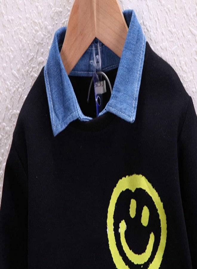 Bold N Elegant Happy Face Smile Print Boys Full Sleeve Collar T-Shirt and Denim Pant Party Clothing Set for Boys Kids (Black, 2-3 Years) - Image 3