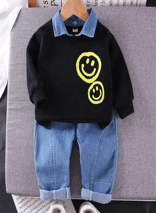 Bold N Elegant Happy Face Smile Print Boys Full Sleeve Collar T-Shirt and Denim Pant Party Clothing Set for Boys Kids (Black, 2-3 Years) - Image 2