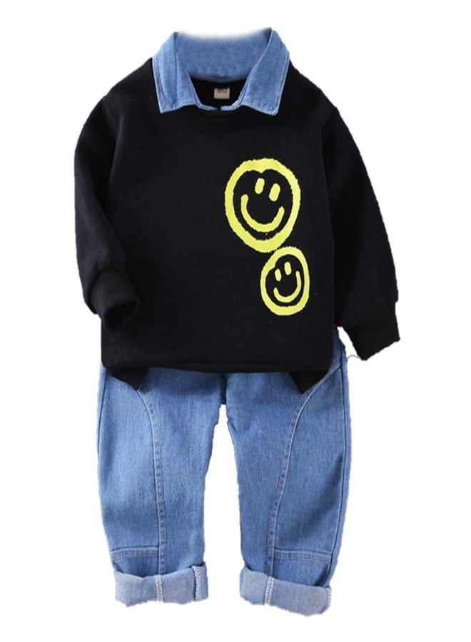 Bold N Elegant Happy Face Smile Print Boys Full Sleeve Collar T-Shirt and Denim Pant Party Clothing Set for Boys Kids (Black, 2-3 Years) - Image 1