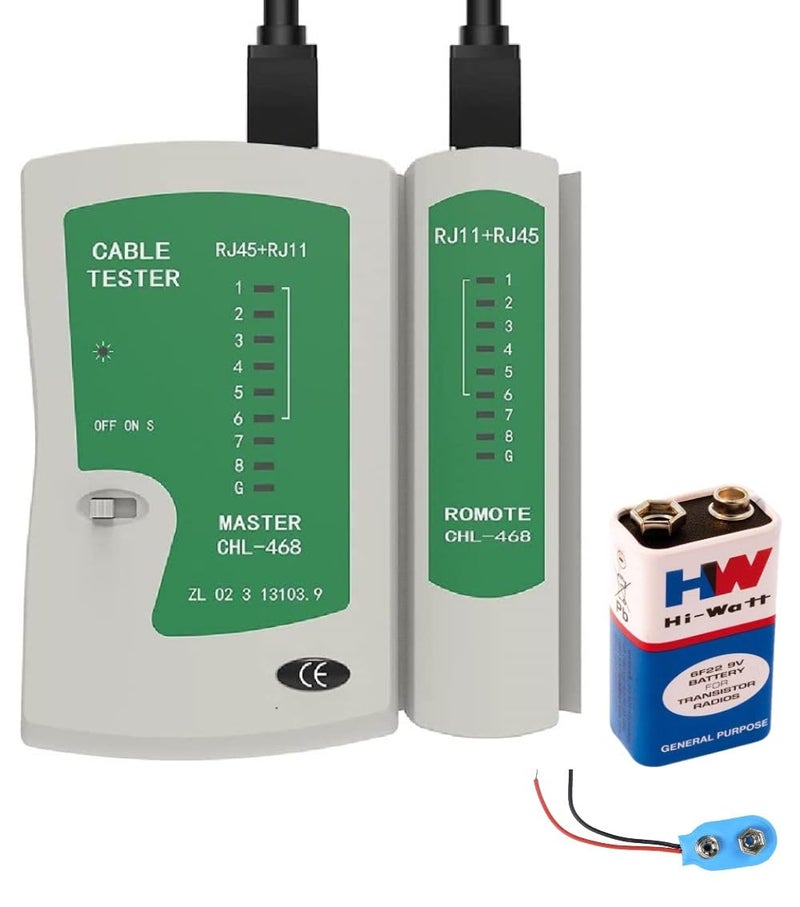 XIKKART Lan Tester, RJ45 And RJ11 Network Cable Tester With 9V Battery, LED Indicators RJ12 CAT5 CAT 6 UTP Ethernet Lan Cable Tester Test Tool For Internet Broadband Connection Test, Battery - Image 1