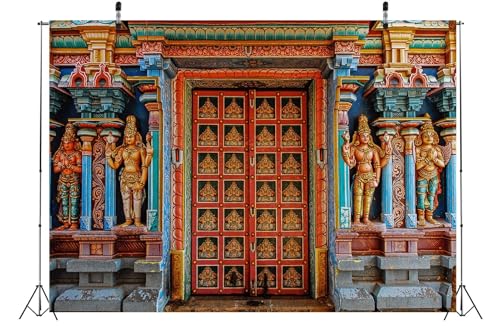 CORFOTO 5x3ft Fabric Colorful India Tanjore Temple Door Backdrop Old India Religion Building Photo Background for Indian Birthday Decorations Adults Photo Prop Indian Themed Party Decor - Image 4