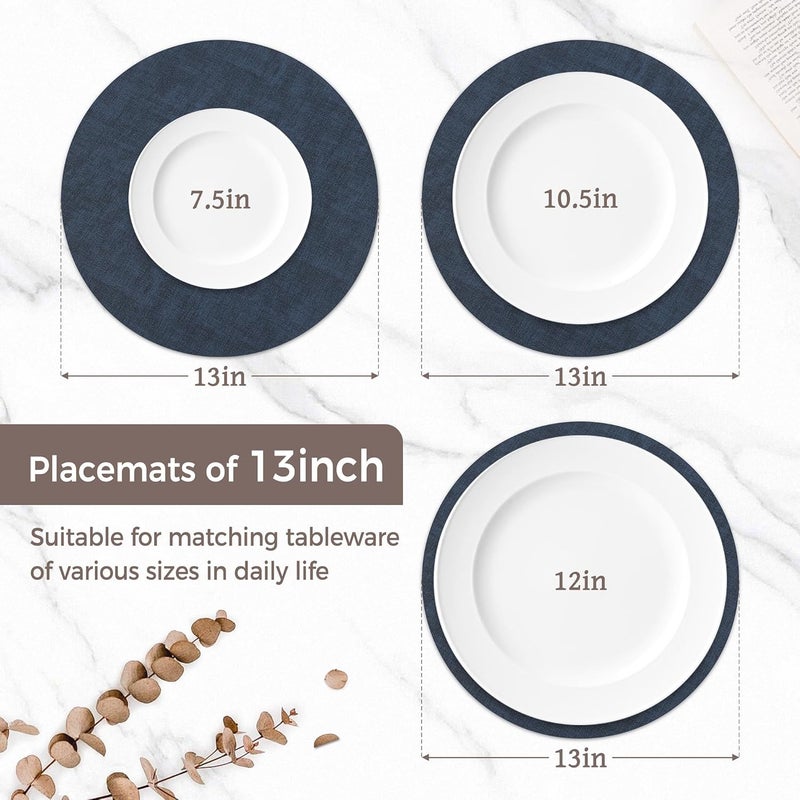 NCUE 13" Round Placemats Set of 8, Reversible Faux Leather Heat Resistant Table Mats, 100% Waterproof Oilproof Wipeable Table Protective Placemats for Vinyl, Washable for Indoor (8, Navy Blue) - Image 2