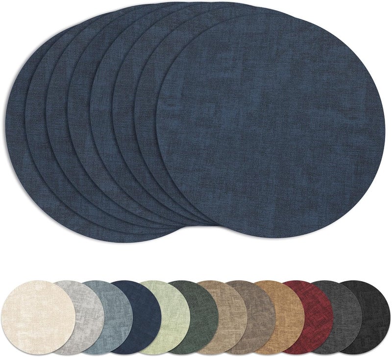 NCUE 13" Round Placemats Set of 8, Reversible Faux Leather Heat Resistant Table Mats, 100% Waterproof Oilproof Wipeable Table Protective Placemats for Vinyl, Washable for Indoor (8, Navy Blue) - Image 1
