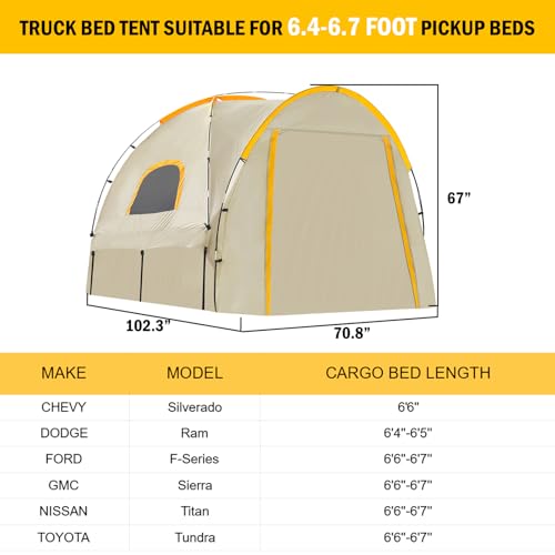 Qualencey Pickup Truck Tent with Awning ShadeWaterproof PU5000mm Oxford for 6467 FT Truck Bed for Camping Travel Outdoor Activities for Chevy SilveradoDodge RamFord FSeriesGMC SierraTitanTundra - Image 3