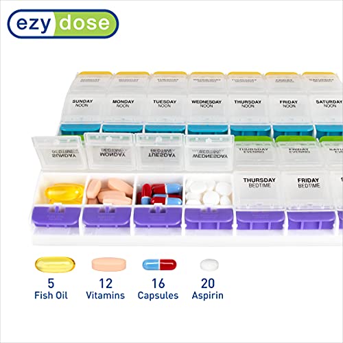 EZY DOSE Weekly (7-Day) Pill Organizer, Vitamin Container, and Daily Medicine Planner, 2X-Large Push Button Compartments, Arthritis Friendly, Easy to Use, 4 Times a Day, Clear Lids, BPA Free - Image 3