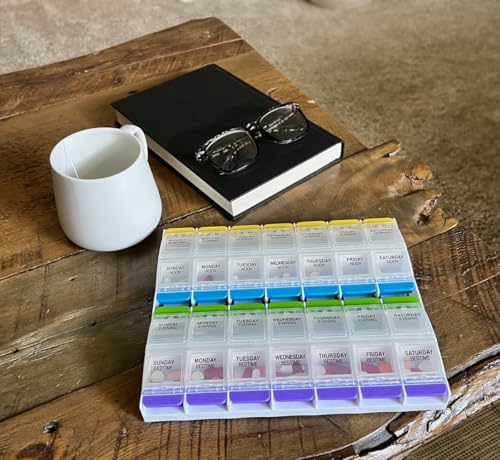 EZY DOSE Weekly (7-Day) Pill Organizer, Vitamin Container, and Daily Medicine Planner, 2X-Large Push Button Compartments, Arthritis Friendly, Easy to Use, 4 Times a Day, Clear Lids, BPA Free - Image 4