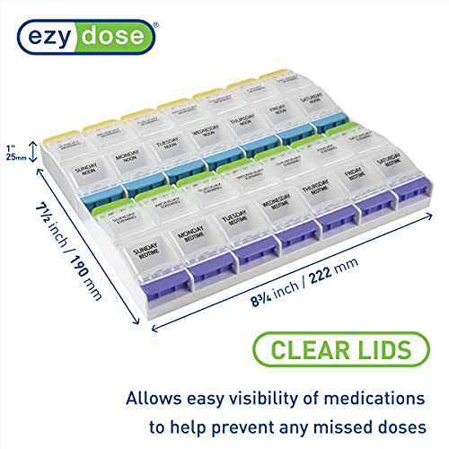 EZY DOSE Weekly (7-Day) Pill Organizer, Vitamin Container, and Daily Medicine Planner, 2X-Large Push Button Compartments, Arthritis Friendly, Easy to Use, 4 Times a Day, Clear Lids, BPA Free - Image 2