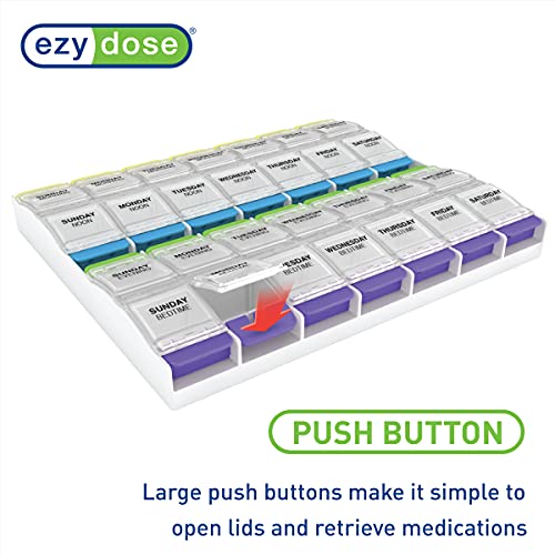 EZY DOSE Weekly (7-Day) Pill Organizer, Vitamin Container, and Daily Medicine Planner, 2X-Large Push Button Compartments, Arthritis Friendly, Easy to Use, 4 Times a Day, Clear Lids, BPA Free - Image 5