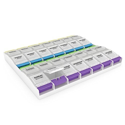 EZY DOSE Weekly (7-Day) Pill Organizer, Vitamin Container, and Daily Medicine Planner, 2X-Large Push Button Compartments, Arthritis Friendly, Easy to Use, 4 Times a Day, Clear Lids, BPA Free - Image 1
