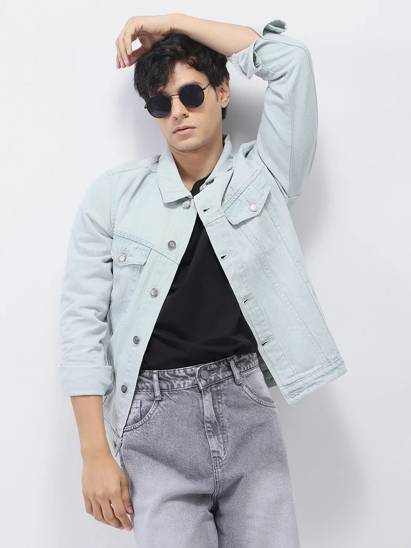 Urbano Fashion Men's White Grey Regular Fit Washed Full Sleeve Denim Jacket