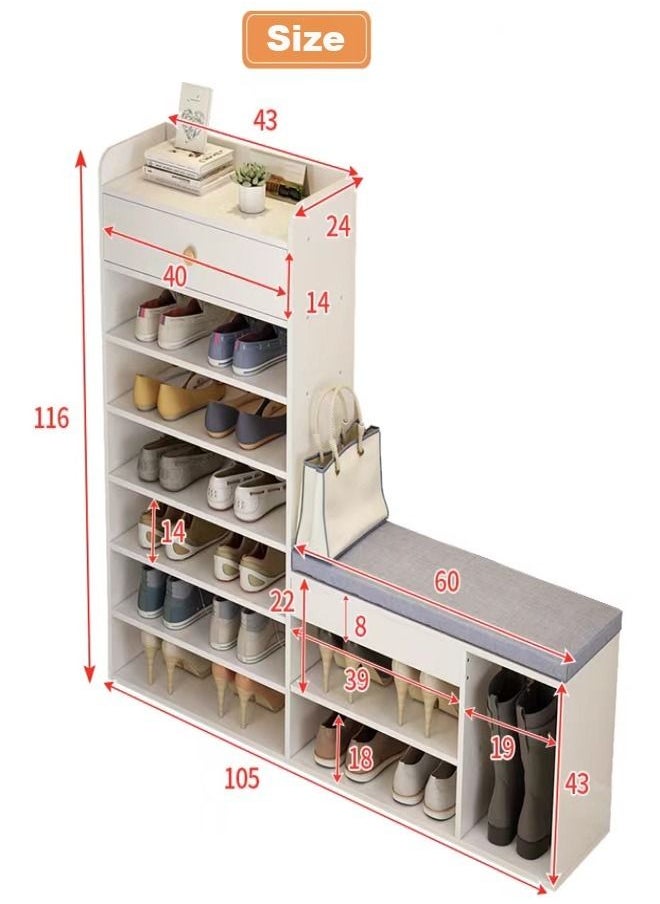 C&C Home - Multi Layers Shoe Rack with Storage Drawer and Changing Stool 105 x 24 x 116 cm - Image 1