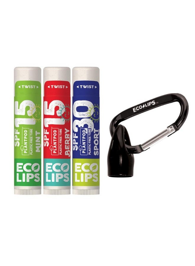 Eco Lips Broad Spectrum Spf Sun Protection Lip Balm 3Pack With Carabiner Eco Clip (Berry Vanilla Mint) With Cocoa Butter & Aloe To Moisturize Lips Made In Usa - Image 1
