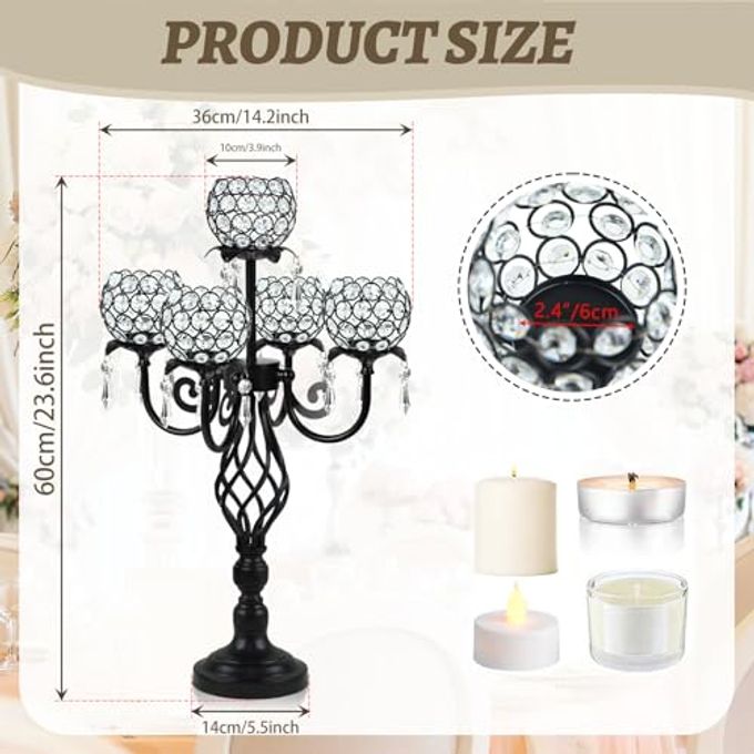 kehail 5-Arm Crystal Candelabra Centerpiece 23.2" Tall Elegant Candle Holder Stand with Crystal Bowl, Chic Table Decor for Weddings, Parties, Anniversary & Home Decoration (2, Black) - Image 5