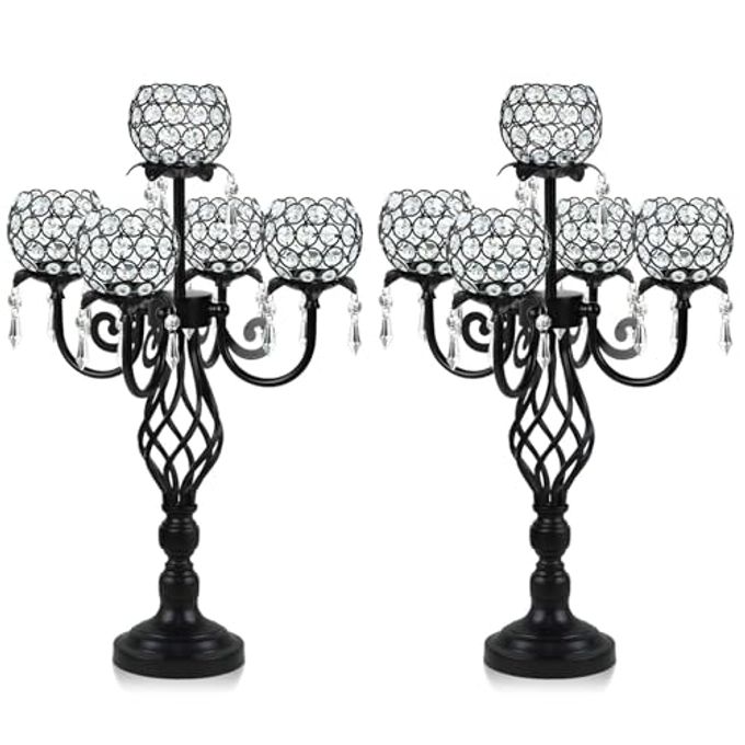 kehail 5-Arm Crystal Candelabra Centerpiece 23.2" Tall Elegant Candle Holder Stand with Crystal Bowl, Chic Table Decor for Weddings, Parties, Anniversary & Home Decoration (2, Black) - Image 1