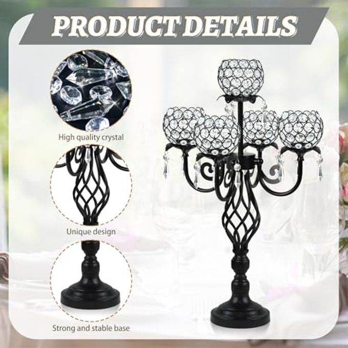 kehail 5-Arm Crystal Candelabra Centerpiece 23.2" Tall Elegant Candle Holder Stand with Crystal Bowl, Chic Table Decor for Weddings, Parties, Anniversary & Home Decoration (2, Black) - Image 3