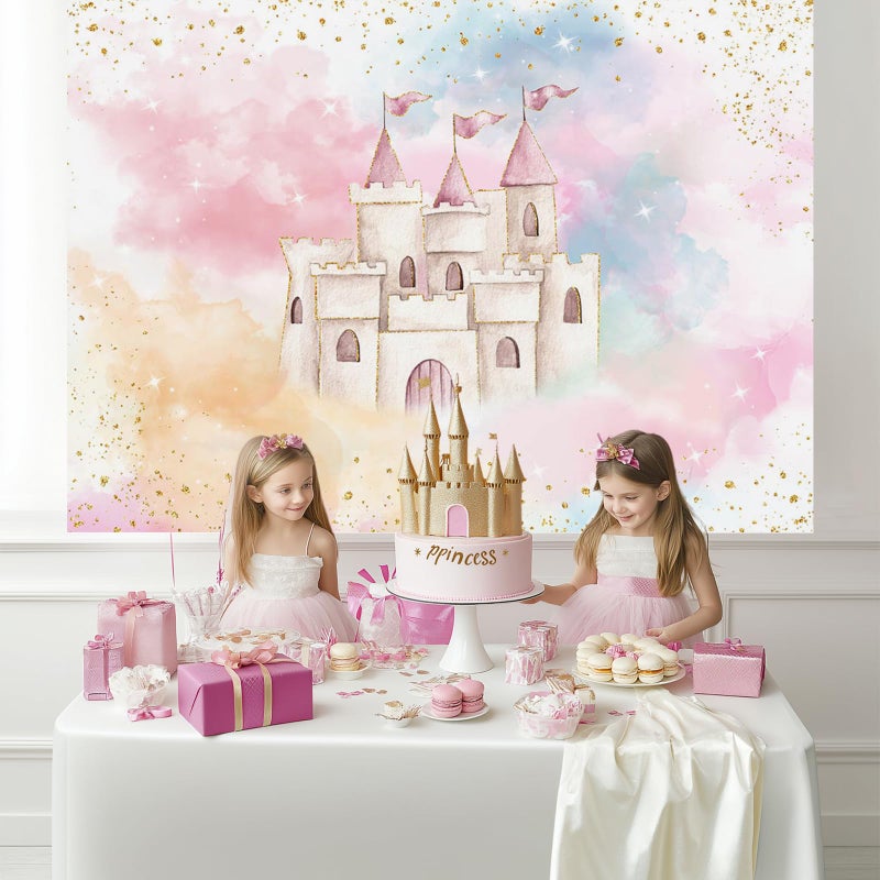 Mocsicka Princess Castle Backdrop for Girl Birthday Pastel Rainbow Pink Castle Birthday Party Decoration Watercolor Magical Fairytale Birthday Party Banner Photography Background (7x5ft) - Image 2
