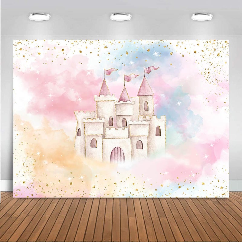 Mocsicka Princess Castle Backdrop for Girl Birthday Pastel Rainbow Pink Castle Birthday Party Decoration Watercolor Magical Fairytale Birthday Party Banner Photography Background (7x5ft) - Image 1