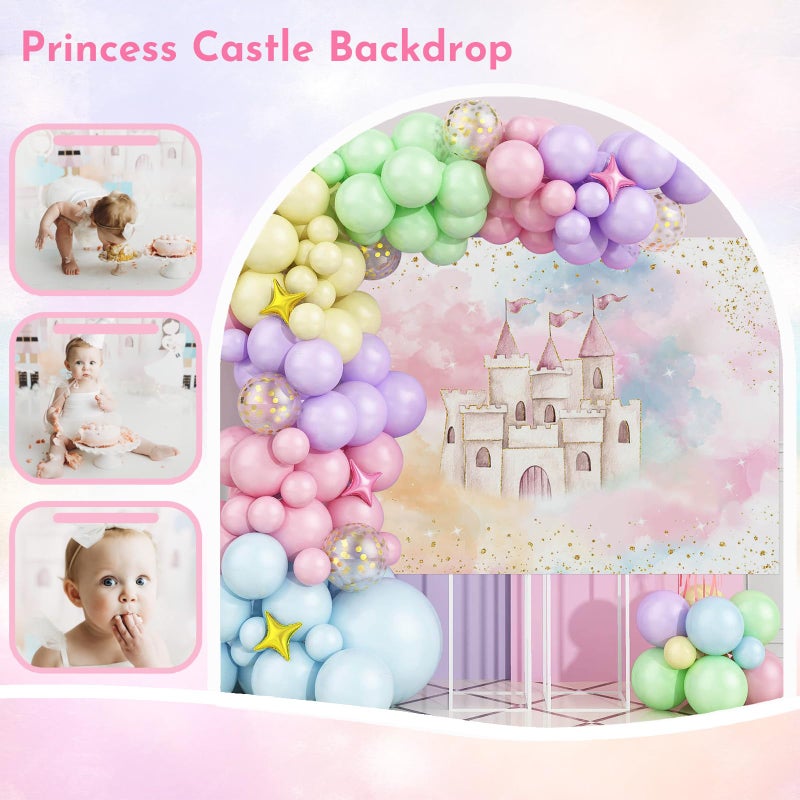 Mocsicka Princess Castle Backdrop for Girl Birthday Pastel Rainbow Pink Castle Birthday Party Decoration Watercolor Magical Fairytale Birthday Party Banner Photography Background (7x5ft) - Image 4