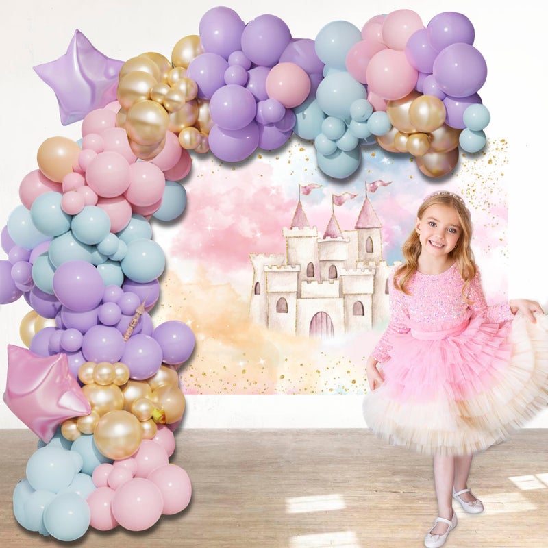 Mocsicka Princess Castle Backdrop for Girl Birthday Pastel Rainbow Pink Castle Birthday Party Decoration Watercolor Magical Fairytale Birthday Party Banner Photography Background (7x5ft) - Image 3