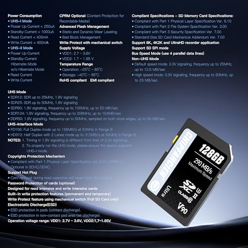 CHIPFANCIER 128GB V90 SD Card SDXC UHS-II V90 Memory Card R290MB/s W290MB/s C10 U3 V90 Full-HD & 8K Video for Professional Photographers & Content Creators DSLR Mirrorless Cameras Black - Image 3