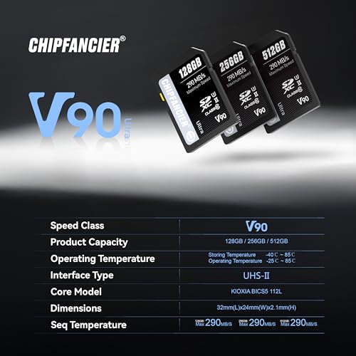 CHIPFANCIER 128GB V90 SD Card SDXC UHS-II V90 Memory Card R290MB/s W290MB/s C10 U3 V90 Full-HD & 8K Video for Professional Photographers & Content Creators DSLR Mirrorless Cameras Black - Image 2