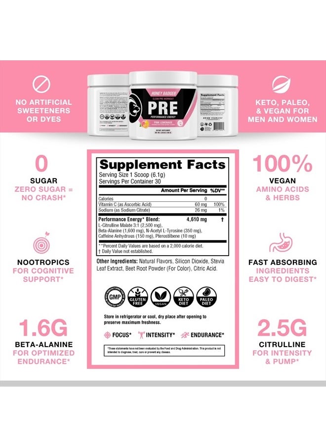 Honey Badger - Pre Workout Powder, Keto Vegan Preworkout for Men & Women with Vitamin C for Immune Support, Beta Alanine & Caffeine, Sugar Free Natural Energy Supplement, Pink Lemonade, 30 Servings - Image 1