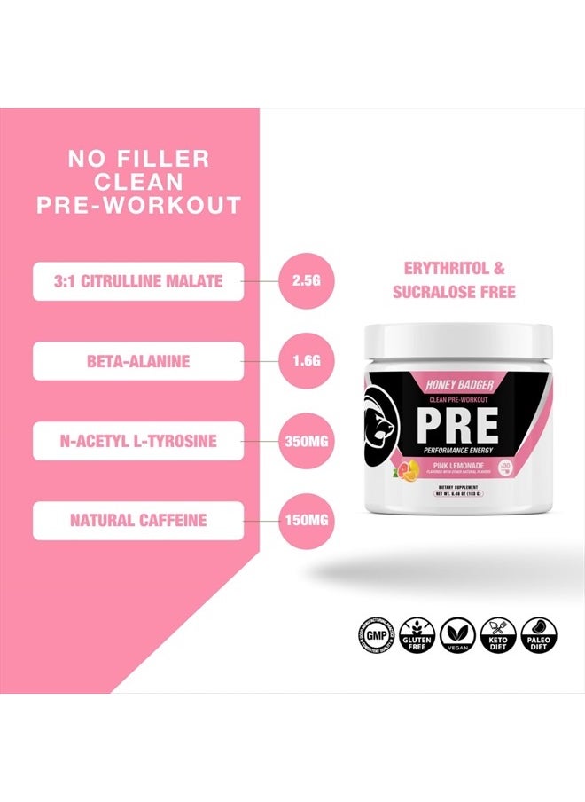 Honey Badger - Pre Workout Powder, Keto Vegan Preworkout for Men & Women with Vitamin C for Immune Support, Beta Alanine & Caffeine, Sugar Free Natural Energy Supplement, Pink Lemonade, 30 Servings - Image 1