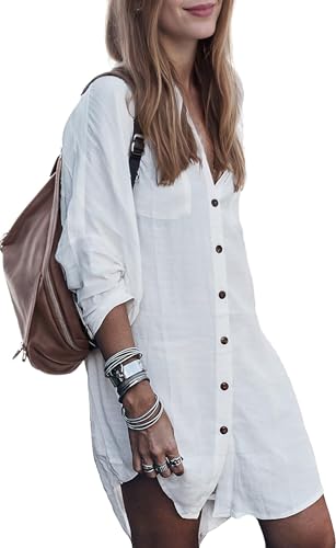 POGTMM Womens Summer Shirt Dress Button Down 3/4 Sleeve Swimsuits Beach Bathing Suit Cover Up (L, White) - Image 1