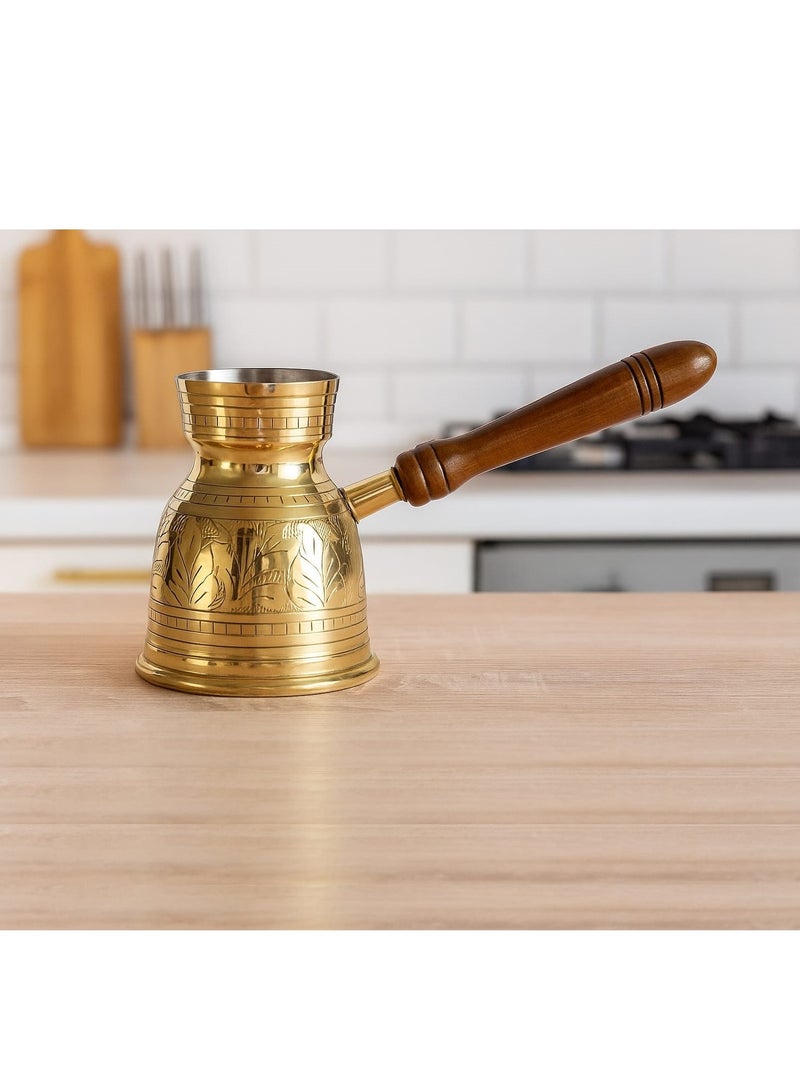 Royal Brass Turkish Coffee Warmer Turkish Style Brass Coffee Pot with Wooden Handle, Gold Brass Coffee Warmer 12 Centimeter - Image 2