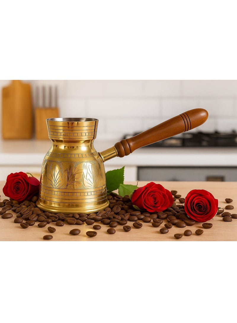 Royal Brass Turkish Coffee Warmer Turkish Style Brass Coffee Pot with Wooden Handle, Gold Brass Coffee Warmer 12 Centimeter - Image 1