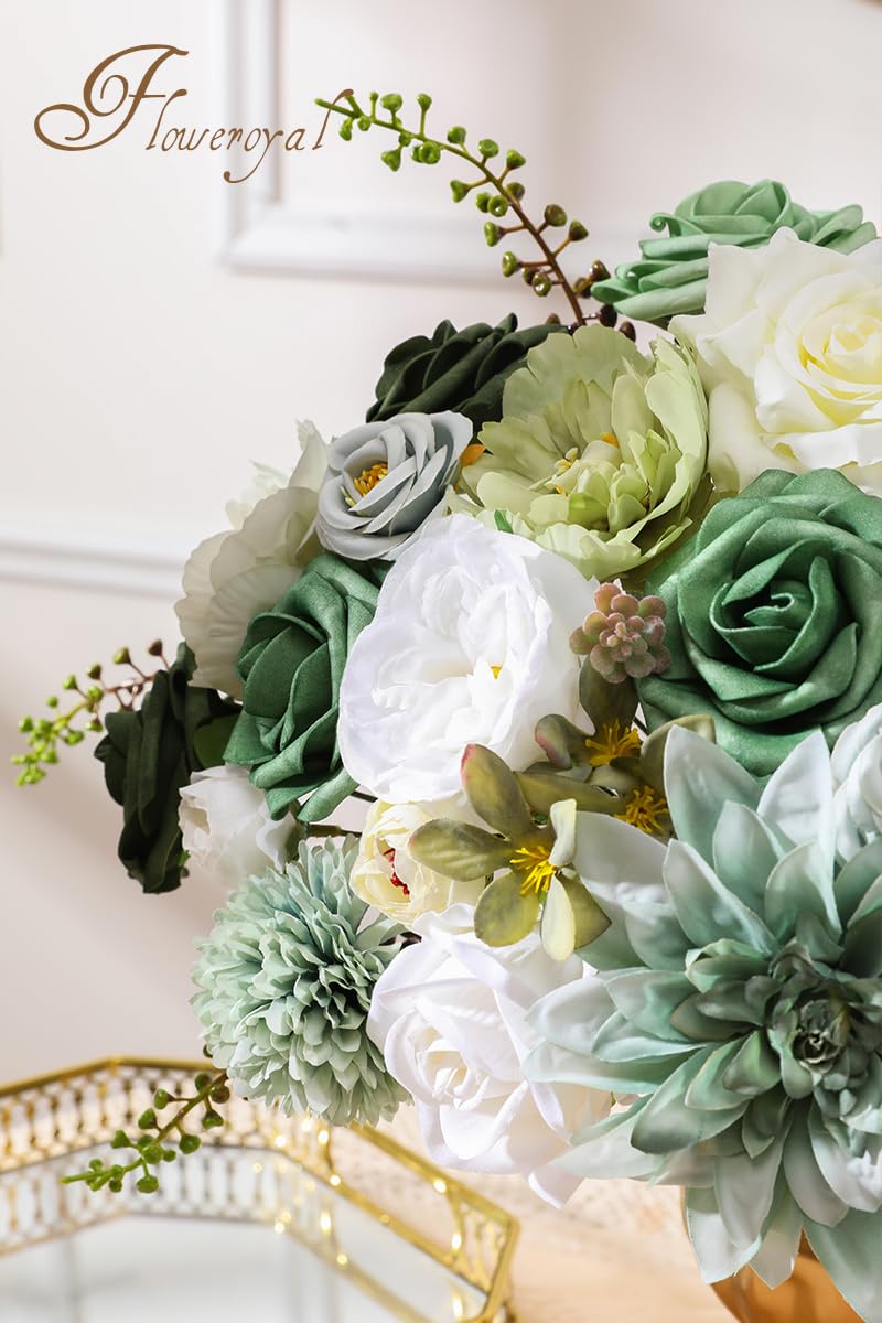 Floweroyal Artificial Flowers Combo Green Flowers Mix Silk Flowers Dahlia Roses with Stems for DIY Wedding Bridal Bouquets, Baby Shower, Floral Arrangement, Table Centerpieces, Home Decorations. - Image 2