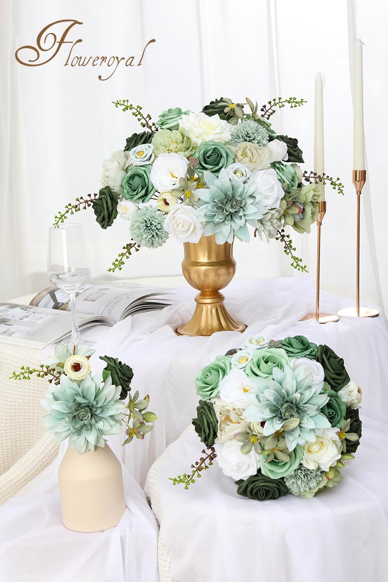 Floweroyal Artificial Flowers Combo Green Flowers Mix Silk Flowers Dahlia Roses with Stems for DIY Wedding Bridal Bouquets, Baby Shower, Floral Arrangement, Table Centerpieces, Home Decorations. - Image 4