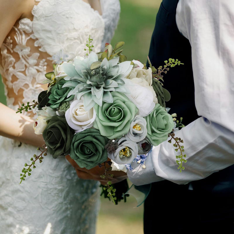 Floweroyal Artificial Flowers Combo Green Flowers Mix Silk Flowers Dahlia Roses with Stems for DIY Wedding Bridal Bouquets, Baby Shower, Floral Arrangement, Table Centerpieces, Home Decorations. - Image 5