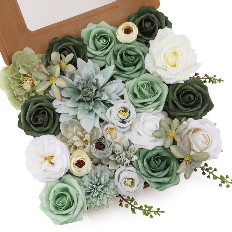 Floweroyal Artificial Flowers Combo Green Flowers Mix Silk Flowers Dahlia Roses with Stems for DIY Wedding Bridal Bouquets, Baby Shower, Floral Arrangement, Table Centerpieces, Home Decorations. - Image 1