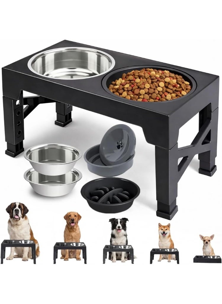 M.A&F's Elevated Dog Bowl,5 Height Adjustable Elevated Slow Feeding Dog Bowl,With Anti Slip Feet,With 2 Stainless Steel Bowls And 1 Slow Feeding Dogs Bowl,For Small/Medium/Large Dogs Cats(Black) - Image 1