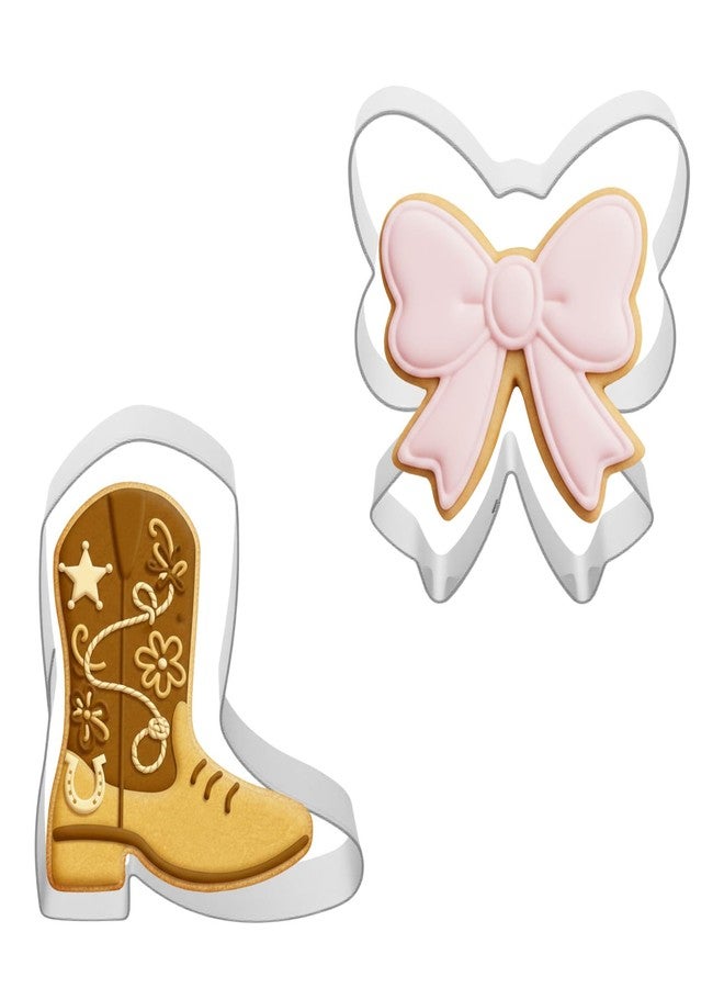 Yolev 2 Pcs Boot and Bow Cookie Cutter Set Metal Cute Cookie Cutters Stainless Steel Boot Bows Gender Reveal Fondant Mold for DIY Craft Baking Birthday Wedding Supplies (Silver) - Image 1