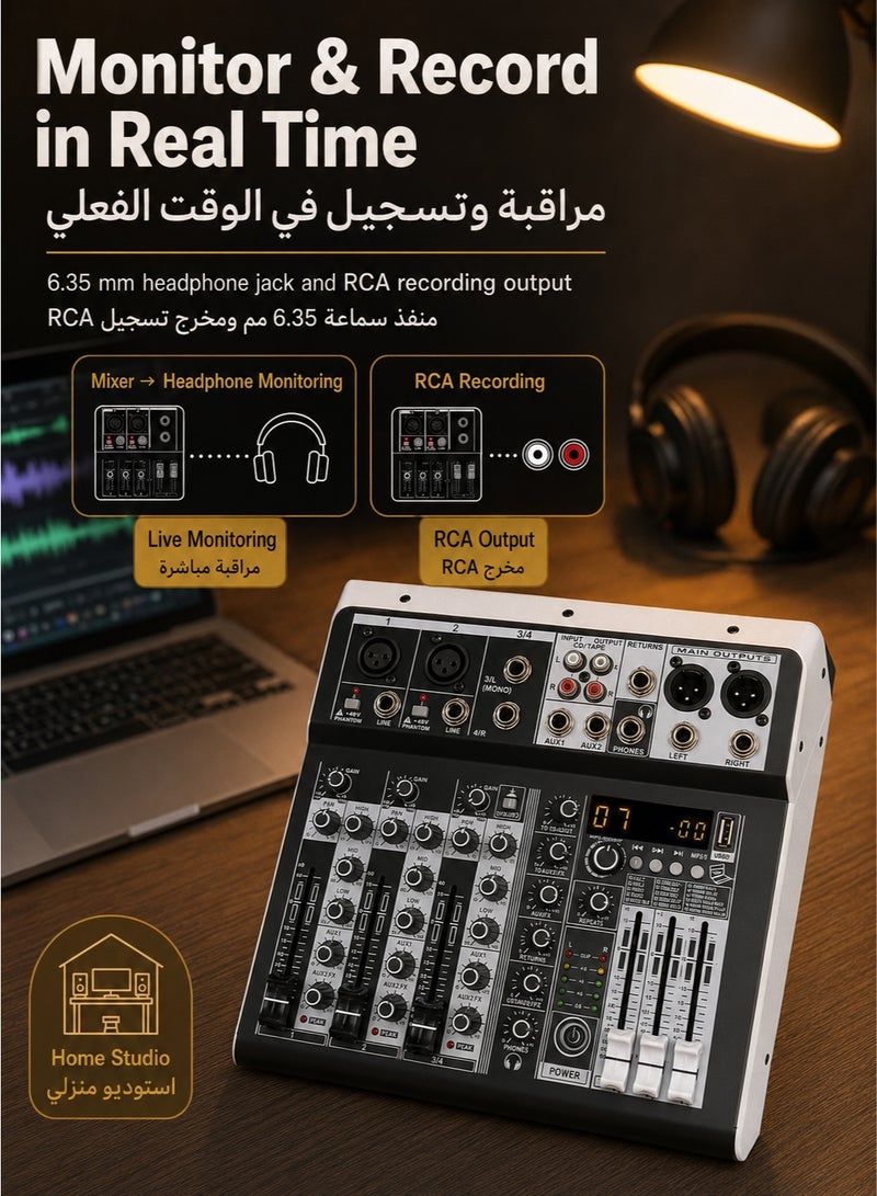 والالا خلاط دي جي رباعي القنوات مزود ببلوتوث وUSB - لوحة تأثيرات DSP ١٦ بت للكاريوكي/البث المباشر | طاقة فانتوم ٤٨ فولت | تسجيل استوديو ووحدة تحكم في الصوت المباشر (إصدار أسود احترافي) - Image 3