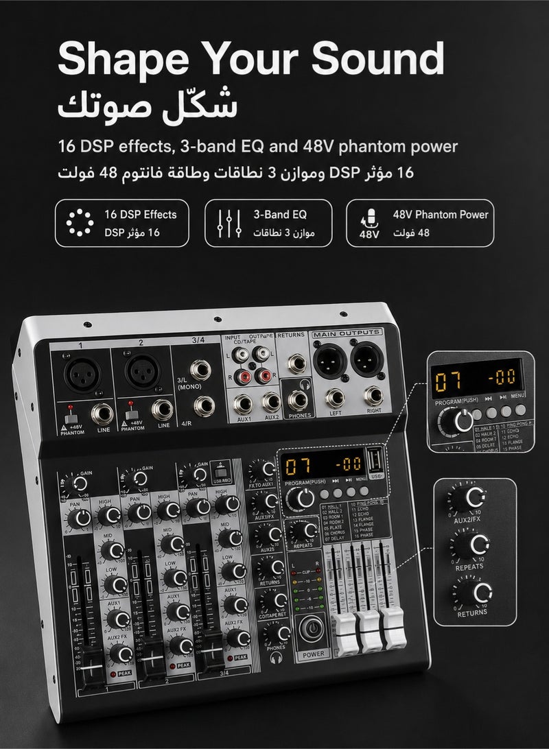 والالا خلاط دي جي رباعي القنوات مزود ببلوتوث وUSB - لوحة تأثيرات DSP ١٦ بت للكاريوكي/البث المباشر | طاقة فانتوم ٤٨ فولت | تسجيل استوديو ووحدة تحكم في الصوت المباشر (إصدار أسود احترافي) - Image 5