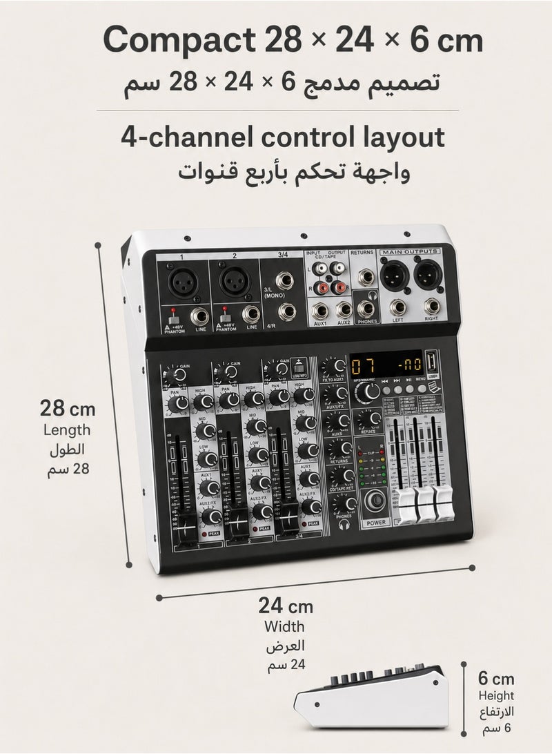 والالا خلاط دي جي رباعي القنوات مزود ببلوتوث وUSB - لوحة تأثيرات DSP ١٦ بت للكاريوكي/البث المباشر | طاقة فانتوم ٤٨ فولت | تسجيل استوديو ووحدة تحكم في الصوت المباشر (إصدار أسود احترافي) - Image 4