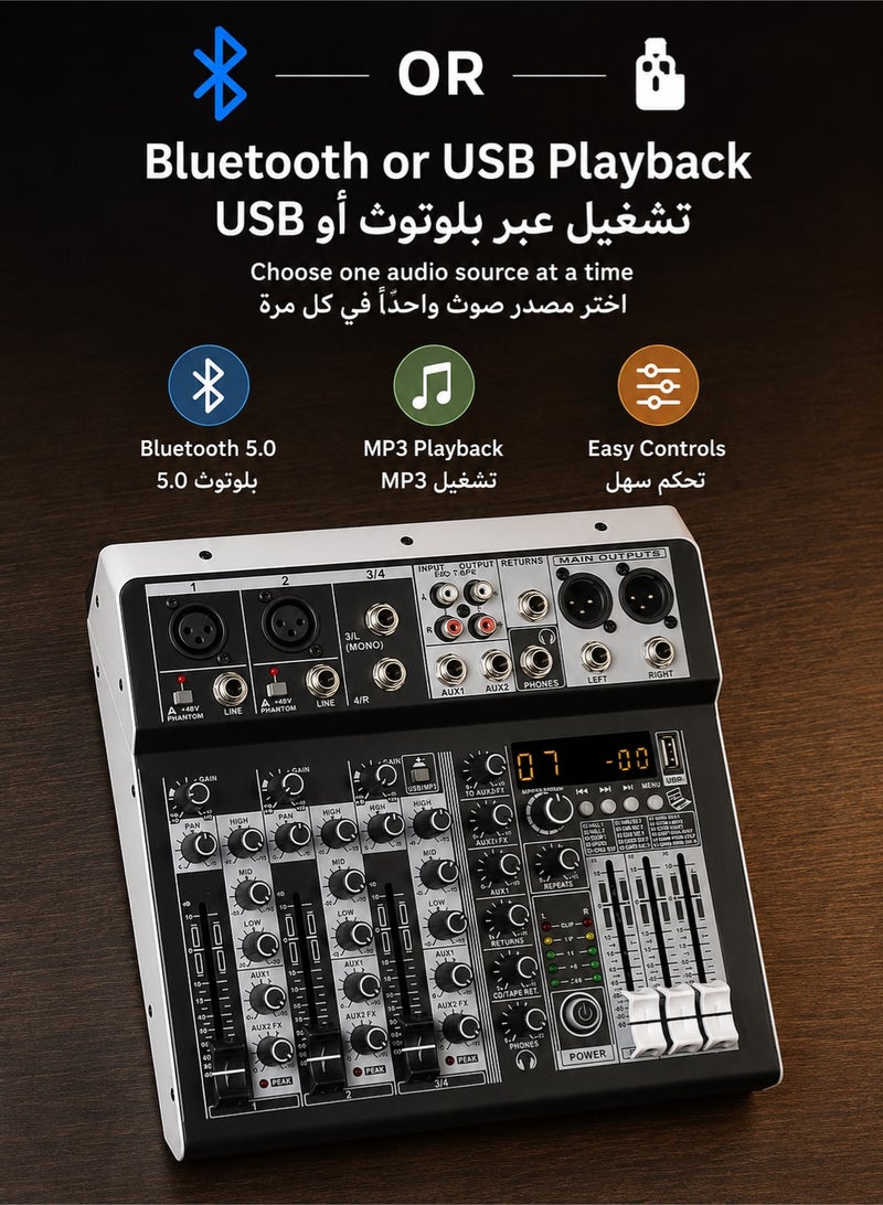 والالا خلاط دي جي رباعي القنوات مزود ببلوتوث وUSB - لوحة تأثيرات DSP ١٦ بت للكاريوكي/البث المباشر | طاقة فانتوم ٤٨ فولت | تسجيل استوديو ووحدة تحكم في الصوت المباشر (إصدار أسود احترافي) - Image 2